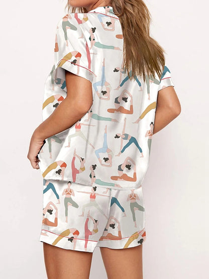 Satin Nightwear Women's Clothing Print Pajama Matching Set with Shorts & Shirts