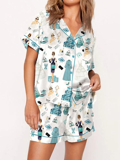 Satin Nightwear Women's Clothing Print Pajama Matching Set with Shorts & Shirts