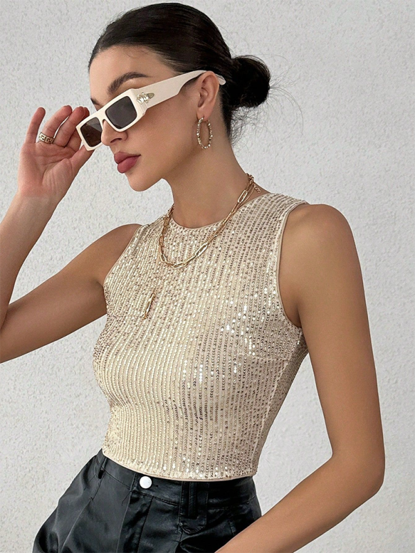 Sleeveless Tops- Festival Glamour Sparkle Sequined Crop Tank Top for Women- - Chuzko Women Clothing