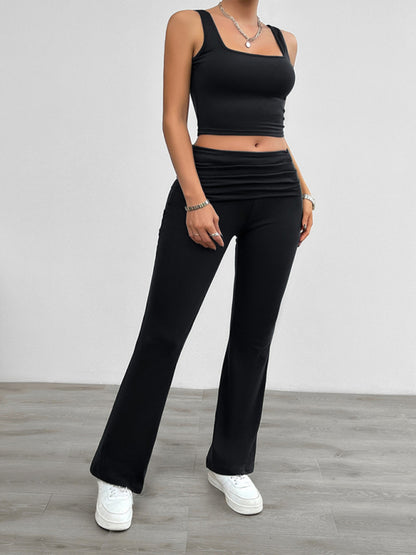 Sporty Women's 2-Piece Solid Cami Top & Wide Waistband Pants