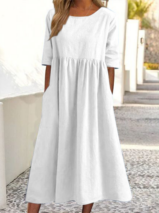 Essential Solid Cotton Tunic Midi Dress with Half Sleeves