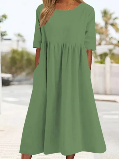Essential Solid Cotton Tunic Midi Dress with Half Sleeves