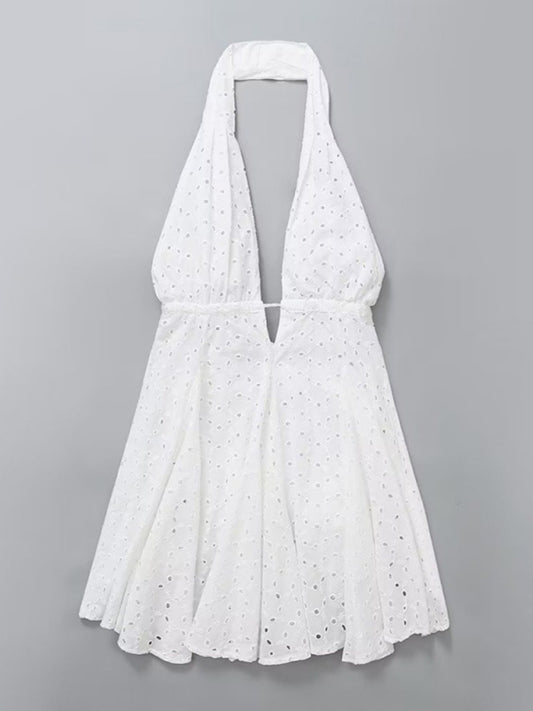 Summer Dresses- Halter A-Line Eyelet Backless Dress for Women in Romantic Cotton Fabric- White- Chuzko Women Clothing