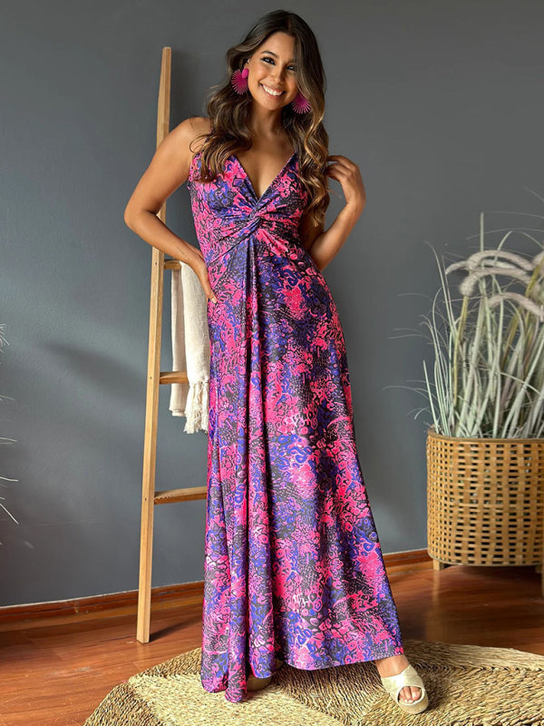 Summer Dresses- Palm Paradise Women's Cami Maxi Dress for Summer Adventures- Purple- Chuzko Women Clothing