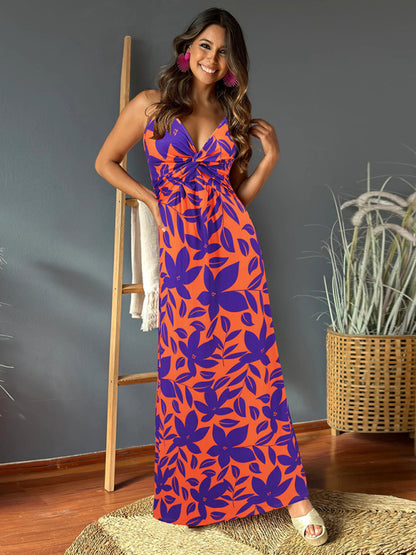 Summer Dresses- Palm Paradise Women's Cami Maxi Dress for Summer Adventures- Purplish red- Chuzko Women Clothing