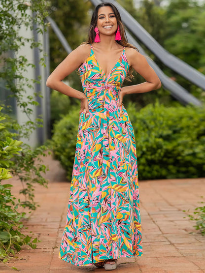 Summer Dresses- Palm Paradise Women's Cami Maxi Dress for Summer Adventures- GreenYellow- Chuzko Women Clothing