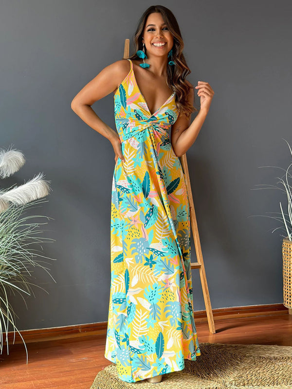 Summer Dresses- Palm Paradise Women's Cami Maxi Dress for Summer Adventures- Yellow- Chuzko Women Clothing
