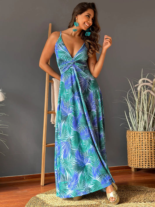Summer Dresses- Palm Paradise Women's Cami Maxi Dress for Summer Adventures- Blue- Chuzko Women Clothing