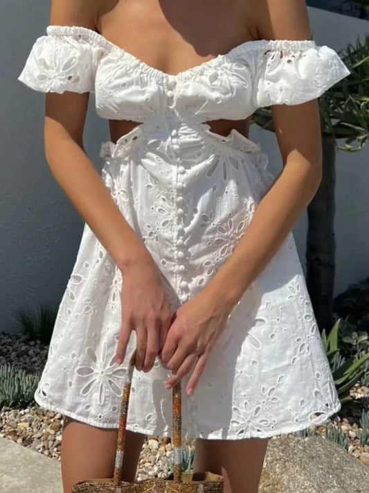 Summer Dresses- Romantic Button-Up Embroidered Off Shoulder Summer Dress in Cotton- White- Chuzko Women Clothing