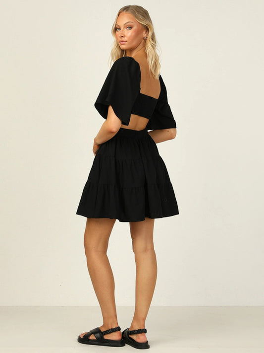 Summer Dresses- Romantic Cutout A-Line Sundress - Solid Summer Dress- Black- Chuzko Women Clothing