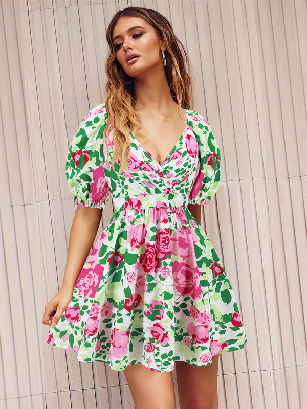 Summer Romance Women's Floral A-Line Mini Dress with Puff Sleeves