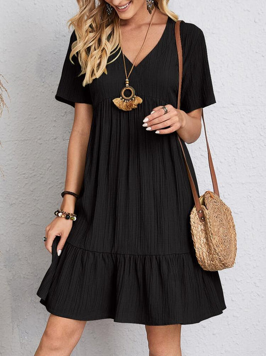 Summer Dresses- Sunny Days Essential A-Line V-Neck Loose Dress in Textured- Black- Chuzko Women Clothing