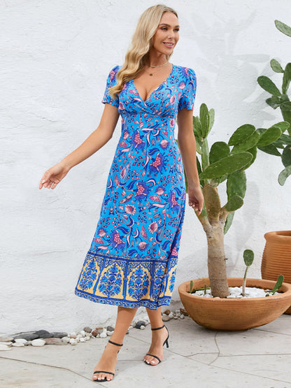 Sunny Season Style A-Line Surplice V-Neck Midi Dress with Florals