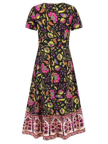 Sunny Season Style A-Line Surplice V-Neck Midi Dress with Florals