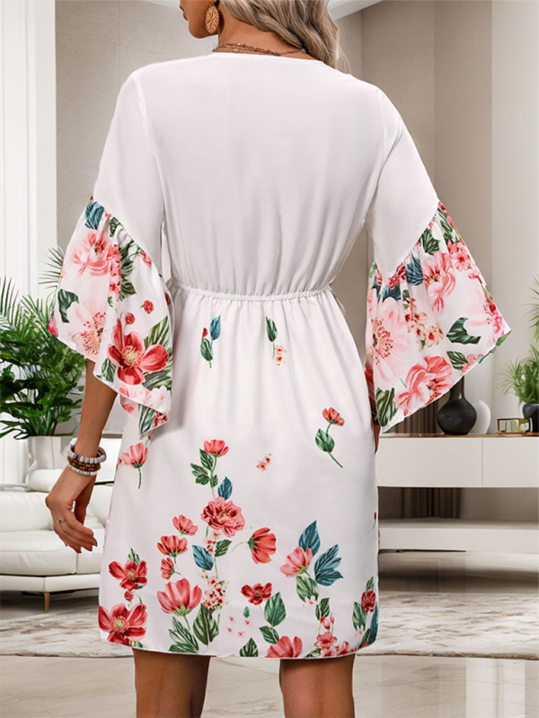 Women's 3/4 Bell Sleeves Surplice A-Line Mini Dress for Summer Festivities