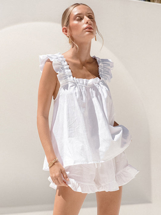 Summer Loungewear- Women's Sleeveless Blouse & Shorts Ruffle Outfit for Summer- White- Chuzko Women Clothing