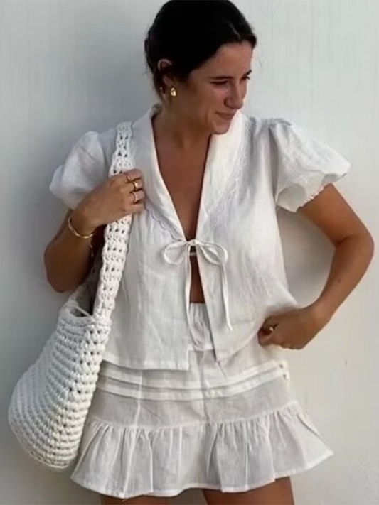 Summer Outfits- Beach Resort Solid Mini Skirt & Lace-Up Blouse Duo for Vacation Style- White- Chuzko Women Clothing