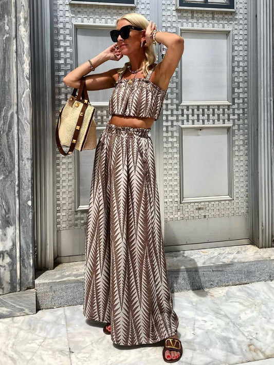 Summer Outfits- Vacation Summer Cami Top & Wide Leg Pants in Brown Print- Olive yellow- Chuzko Women Clothing