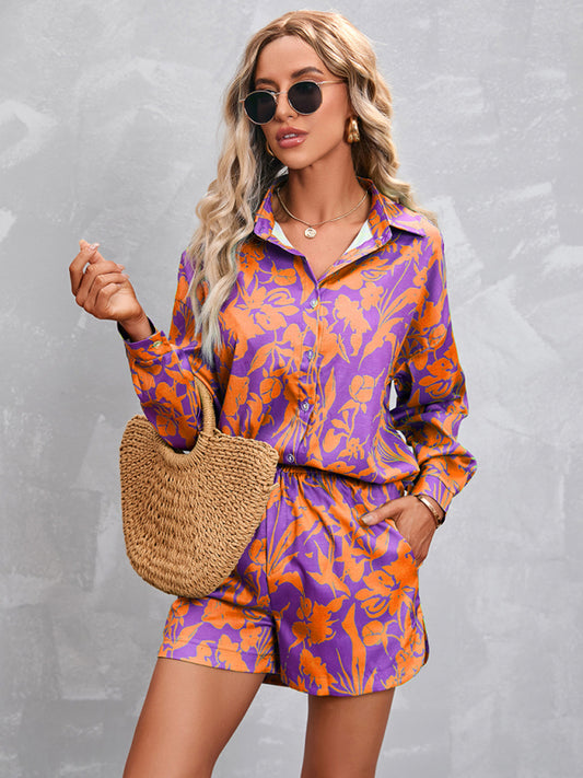 Summer Outfits- Women's Summer Vacation Set with Long Sleeves Shirt & Cotton Shorts- Purple- Chuzko Women Clothing