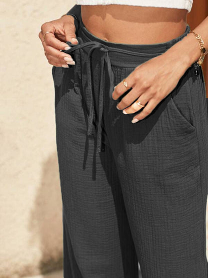Summer Pants- Essential Women's Summer Textured Wide-Leg Pants- - Chuzko Women Clothing