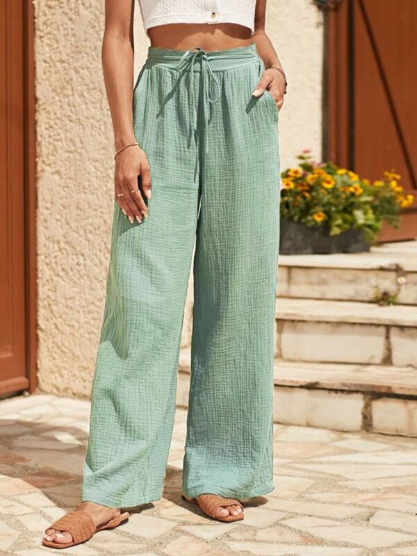 Summer Pants- Essential Women's Summer Textured Wide-Leg Pants- Pale green- Chuzko Women Clothing