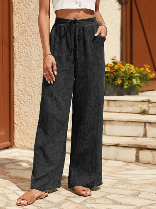 Summer Pants- Essential Women's Summer Textured Wide-Leg Pants- Black- Chuzko Women Clothing