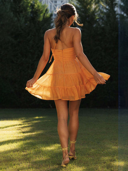 Sundresses- Women's Textured Halterneck Tiered Sundress - Romantic Summer Dress- - Chuzko Women Clothing