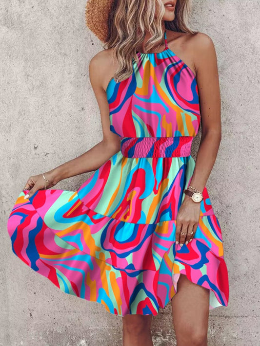 Sundresses- Women's Vibrant Colorful Blouson Halter Sundress- Hot pink- Chuzko Women Clothing
