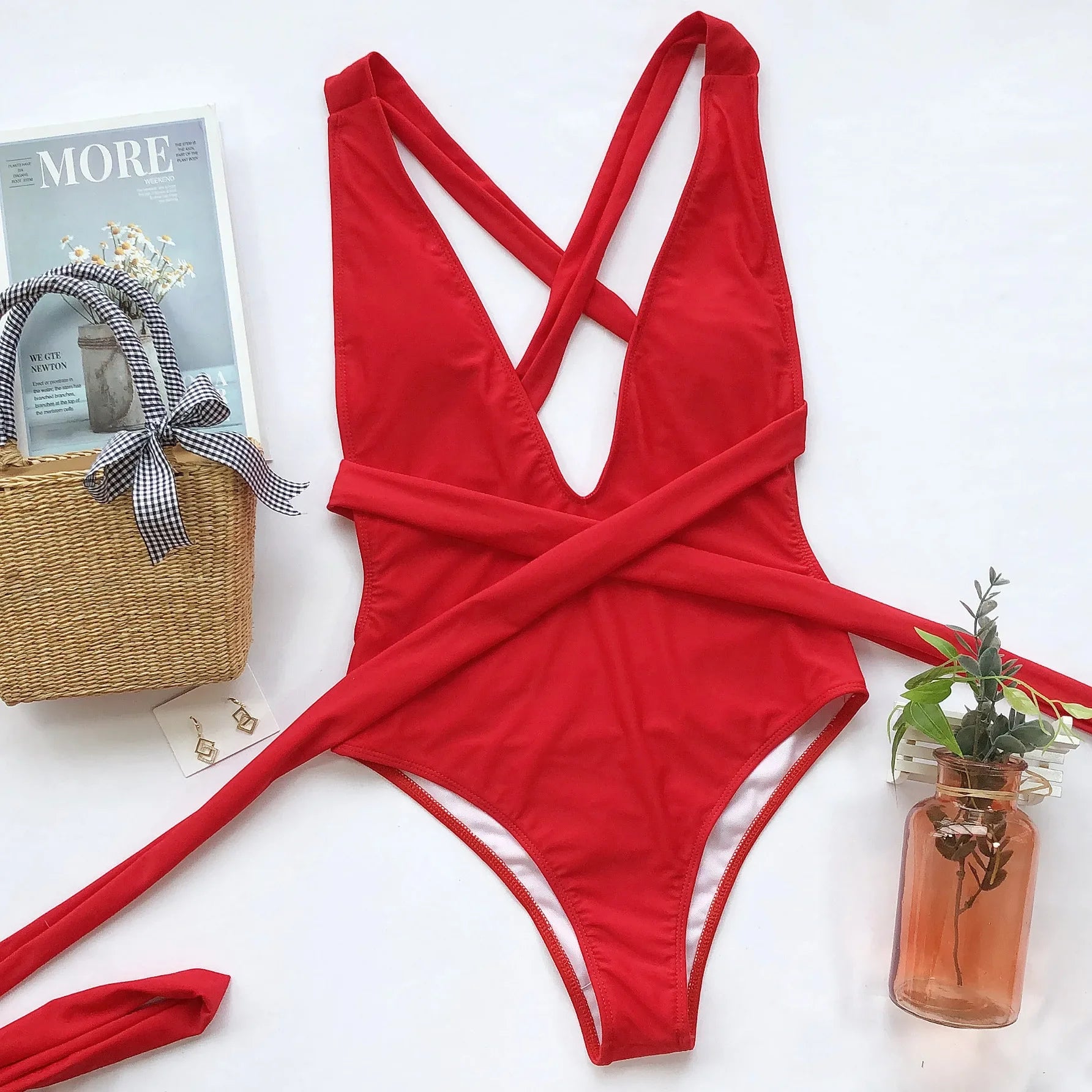Swimwear- Beach Babe Essential Women's Strappy Plunging One-Piece Swimsuit- - Chuzko Women Clothing