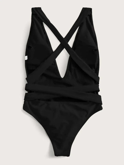 Swimwear- Beach Babe Essential Women's Strappy Plunging One-Piece Swimsuit- - Chuzko Women Clothing