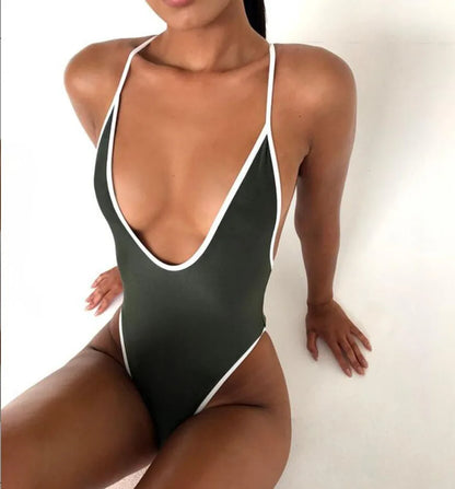 Swimwear- Beach Monokini Women's Plunging Cutout One-Piece Swimwear with Contrast Binding- - Chuzko Women Clothing