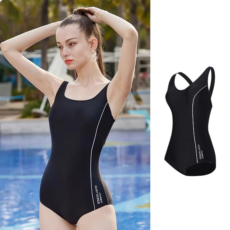 Swimwear- Champion's Gear Solid Sporty One-Piece Swimwear for Active Women- - Chuzko Women Clothing