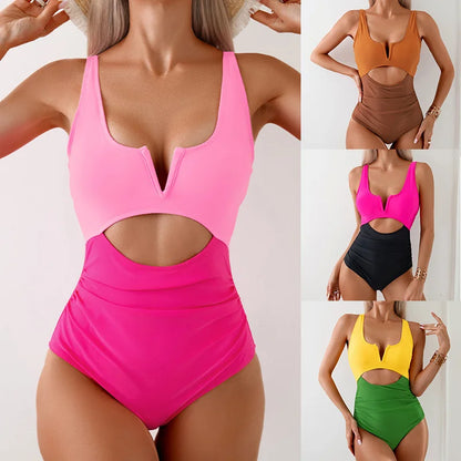 Swimwear- Color-Block V-Neck Cutout One-Piece Lycra Swimwear with Tie-Back- - Chuzko Women Clothing