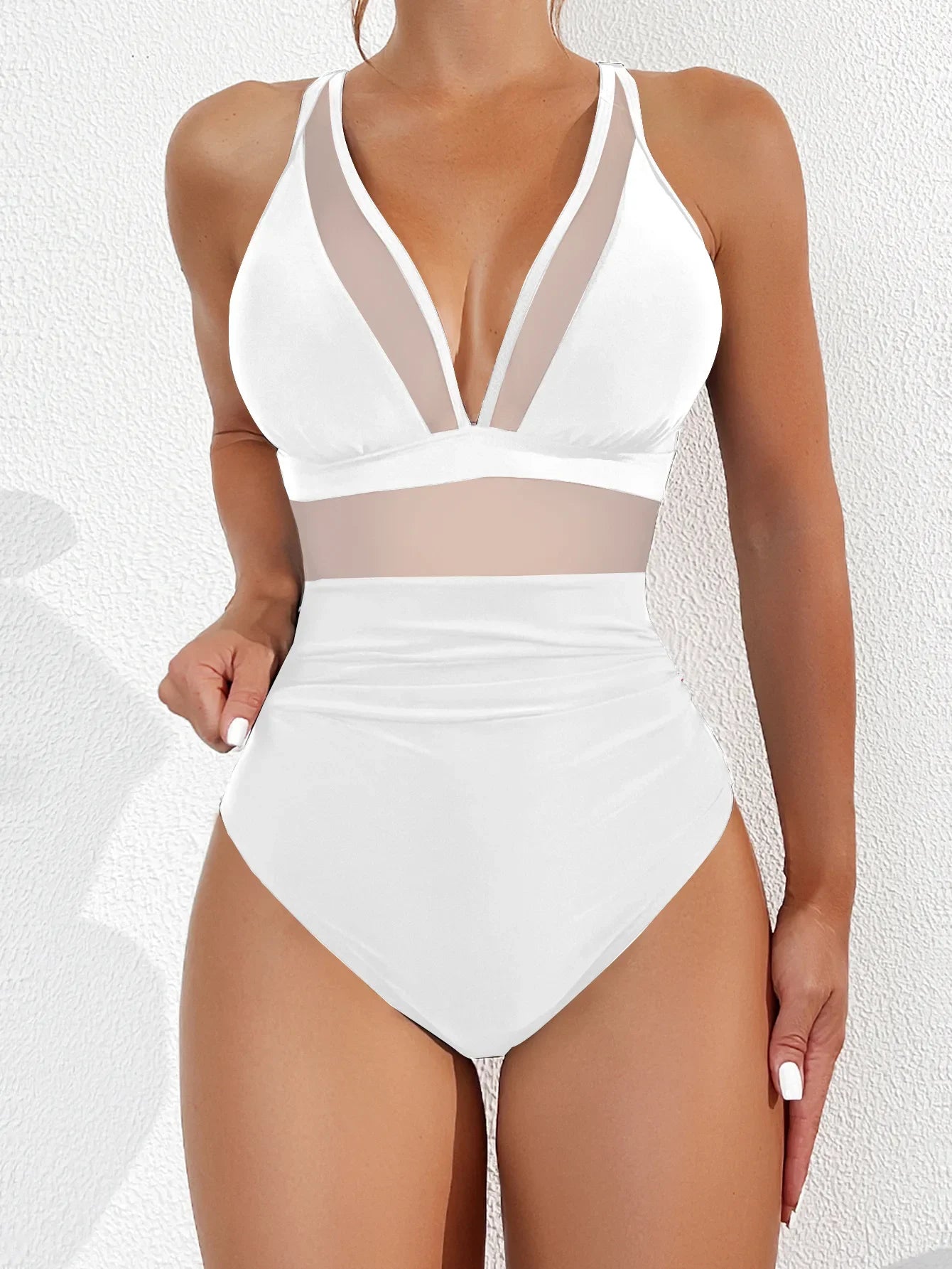 Swimwear- Exotic allure Women's Mesh Accent Animal Print One-Piece Plunge Swimsuit- White- Chuzko Women Clothing