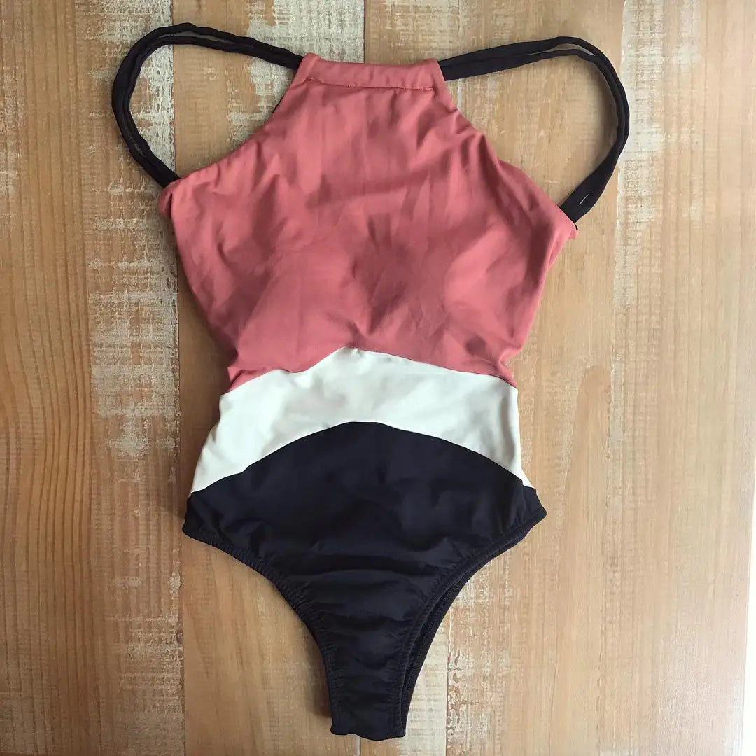 Swimwear- Halter Women's Color-Block Full Coverage Swimsuit- Red- Chuzko Women Clothing