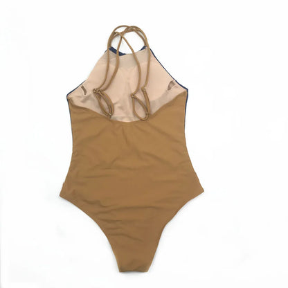 Swimwear- Halter Women's Color-Block Full Coverage Swimsuit- - Chuzko Women Clothing