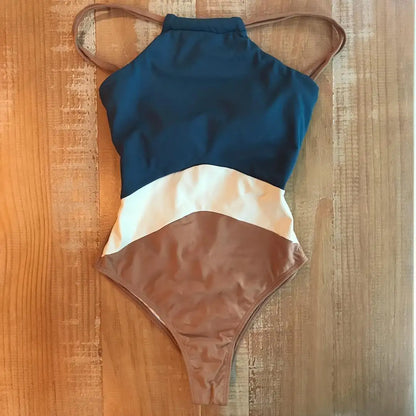 Swimwear- Halter Women's Color-Block Full Coverage Swimsuit- Blue- Chuzko Women Clothing