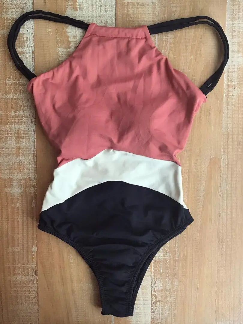 Swimwear- Halter Women's Color-Block Full Coverage Swimsuit- - Chuzko Women Clothing