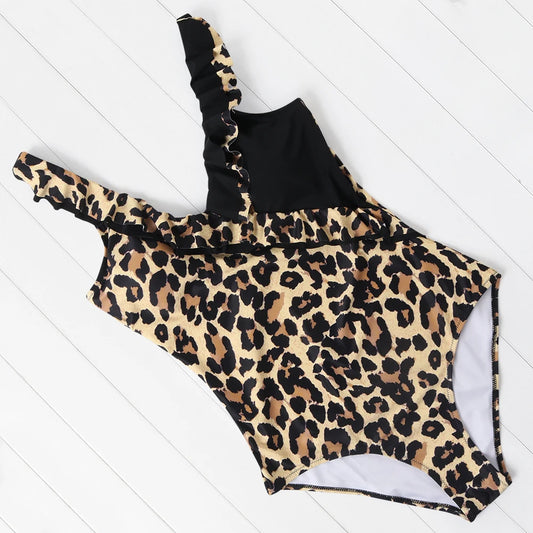 Swimwear- Leopard Luxe Wire-Free V-Neck Ruffle Swimsuit for Women- - Chuzko Women Clothing