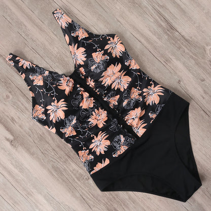 Swimwear- Leopard Luxe Wire-Free V-Neck Ruffle Swimsuit for Women- Floral Print- Chuzko Women Clothing