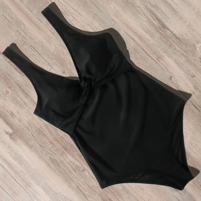 Swimwear- Leopard Luxe Wire-Free V-Neck Ruffle Swimsuit for Women- Black 2- Chuzko Women Clothing