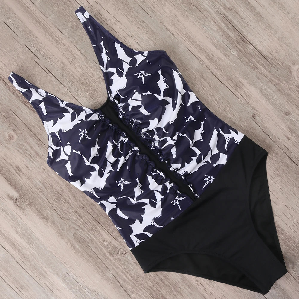 Swimwear- Leopard Luxe Wire-Free V-Neck Ruffle Swimsuit for Women- Black Floral- Chuzko Women Clothing