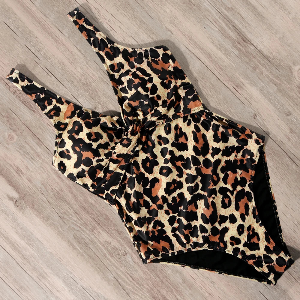 Swimwear- Leopard Luxe Wire-Free V-Neck Ruffle Swimsuit for Women- Orange Leopard Print- Chuzko Women Clothing