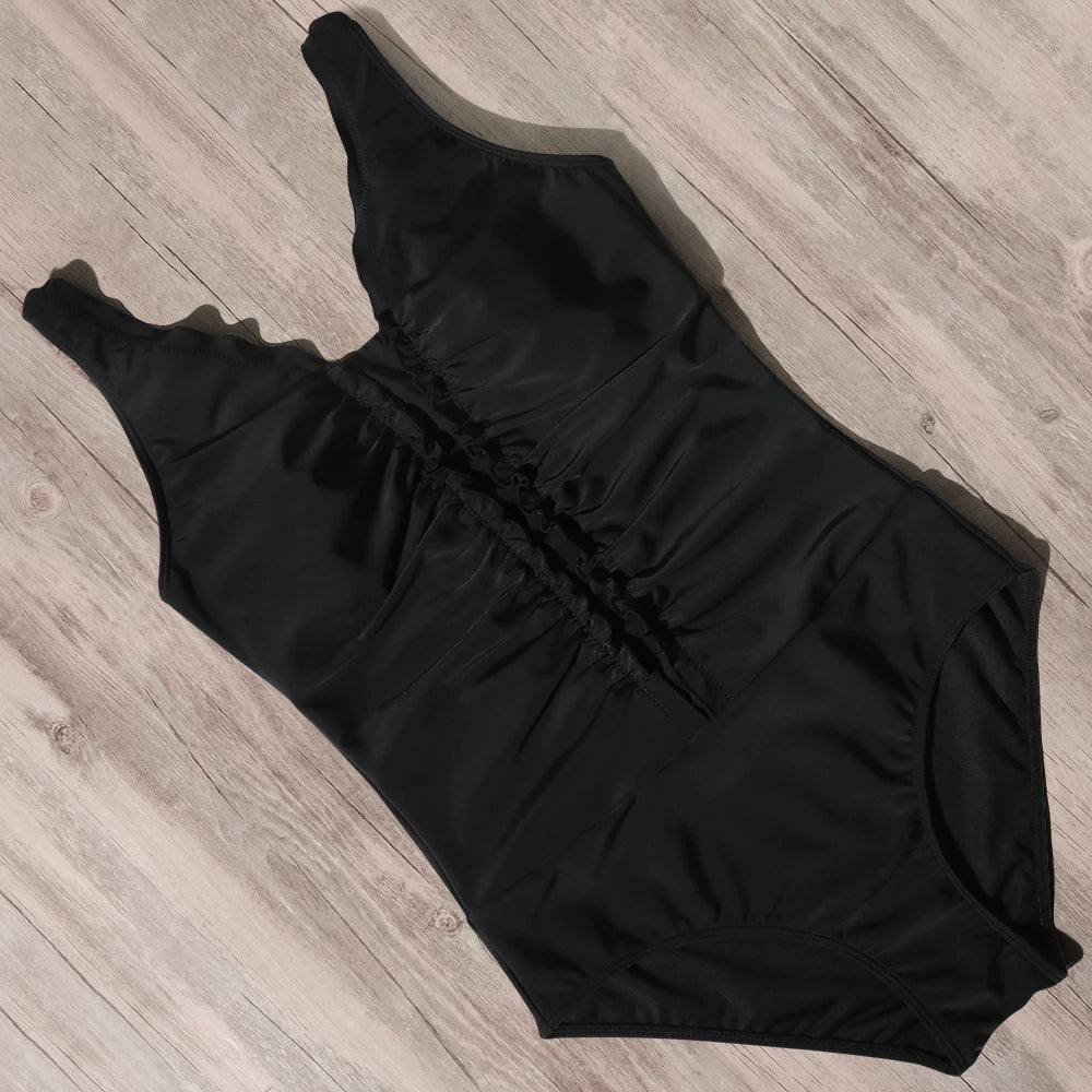 Swimwear- Leopard Luxe Wire-Free V-Neck Ruffle Swimsuit for Women- Black- Chuzko Women Clothing