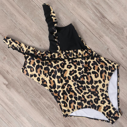 Swimwear- Leopard Luxe Wire-Free V-Neck Ruffle Swimsuit for Women- Leopard Print 3- Chuzko Women Clothing