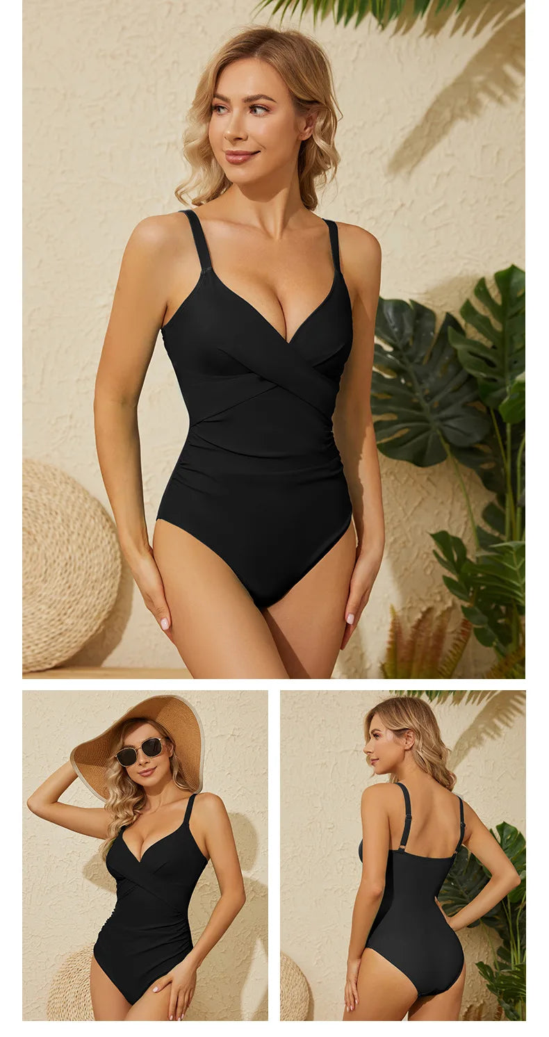 Swimwear- Sporty Elegance Solid Twist V-Neck One-Piece Swimsuit for Women- - Chuzko Women Clothing