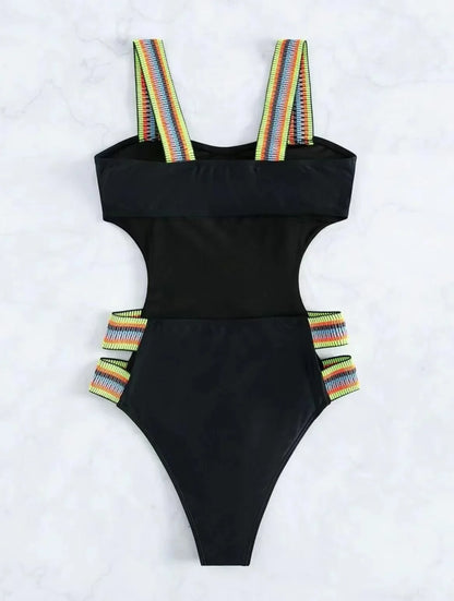Swimwear- Strappy Solid Cutout One Piece Swimsuit with Colorful Straps for Women- - Chuzko Women Clothing