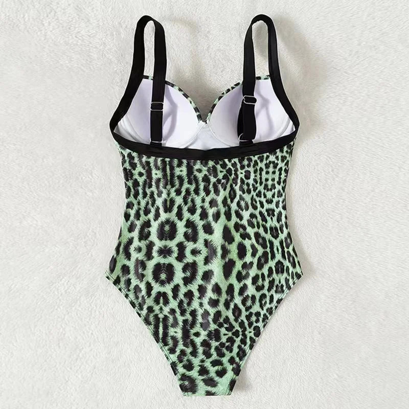 Swimwear- Summer Leopard Print Underwire Push-Up One-Piece Swimwear- - Chuzko Women Clothing