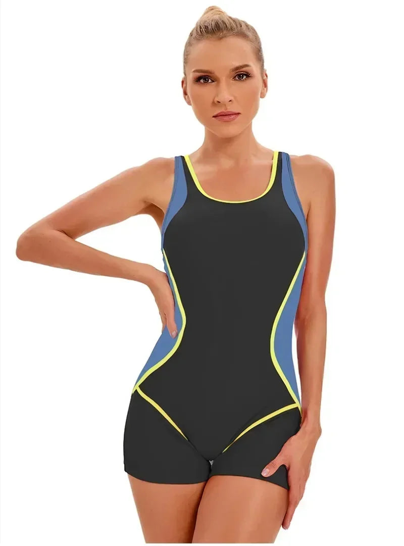 Swimwear- Vibrant Contrast Sporty One-Piece Romper Swimwear- - Chuzko Women Clothing