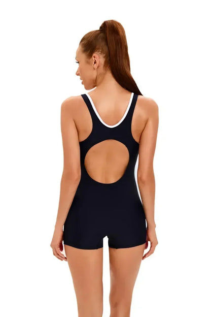 Swimwear- Vibrant Contrast Sporty One-Piece Romper Swimwear- - Chuzko Women Clothing